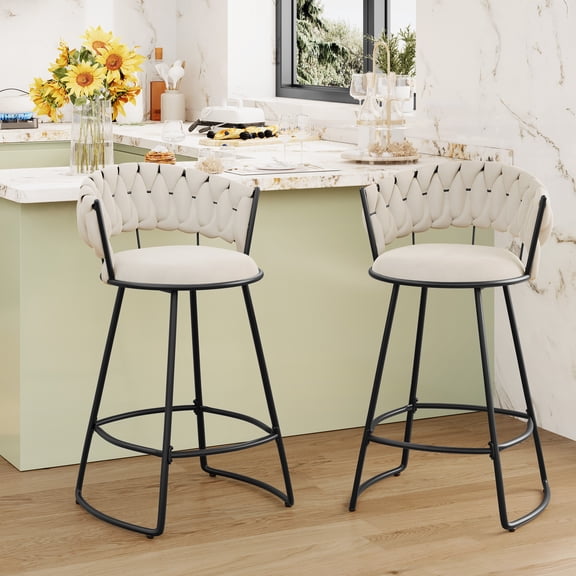 Andeworld 26'' Bar Stools with Woven Back set of 2, Modern Velvet Barstools with Upholstered Seating, Counter Height Barstool in U-Footrest, Ivory