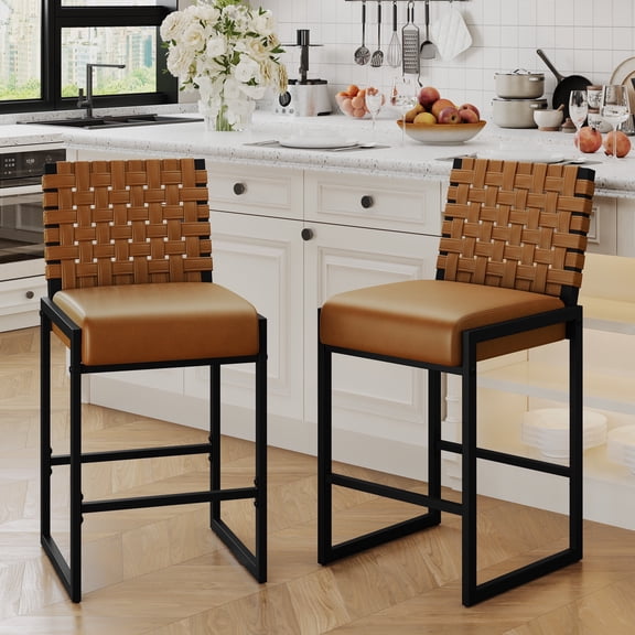 Andeworld 26’’ Bar Stools Set of 2, High Back PU Leather Metal Counter Height Bar Stools with Footrest, Bar Chairs for Kitchen Island, Brown