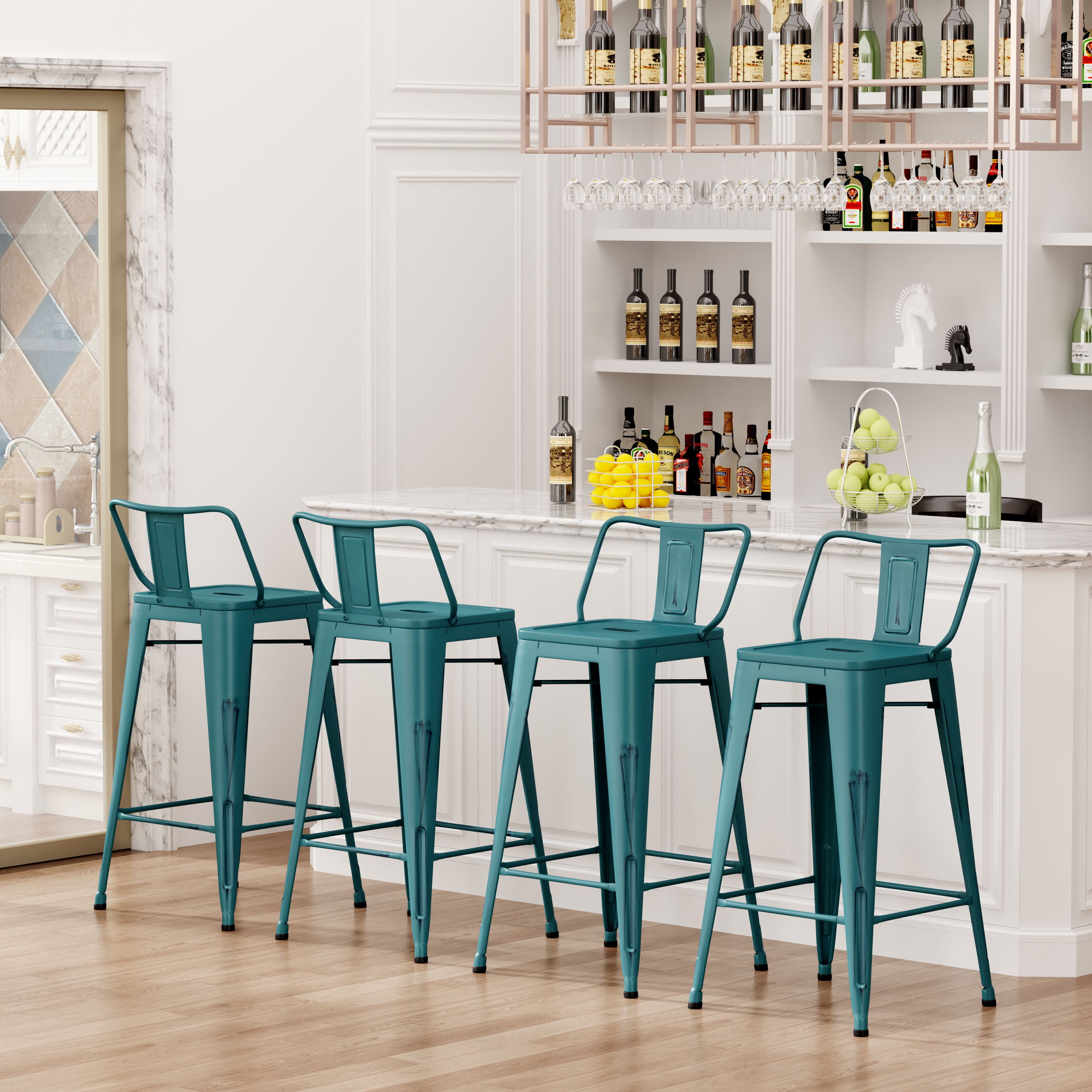Andeworld 26" Low Back Distressed Teal Bar Stools Industrial Metal Barstools Counter Height Stools [Set of 4]