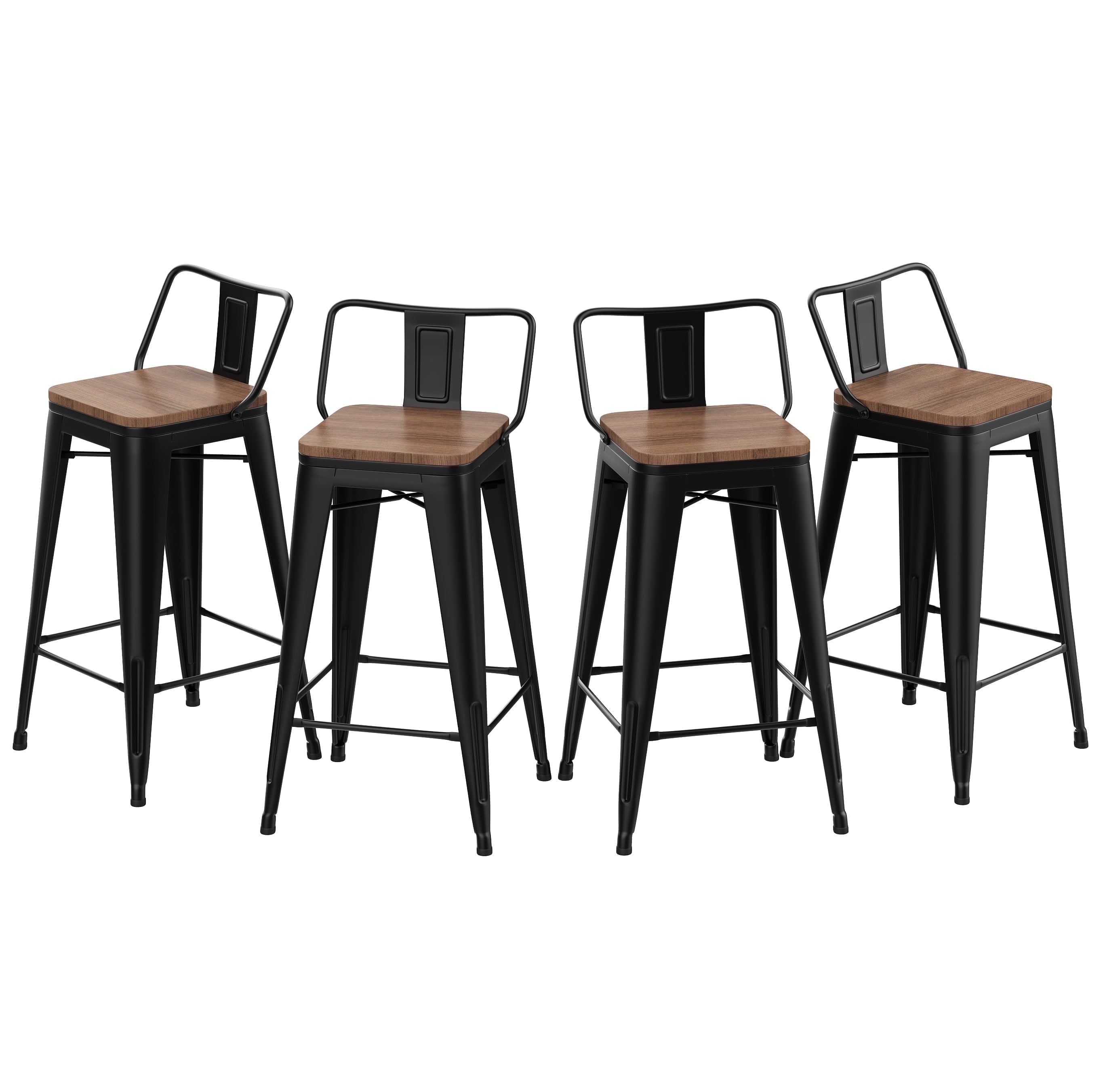 Matte Black Metal Counter Stools with Wooden Seats, Set of 4