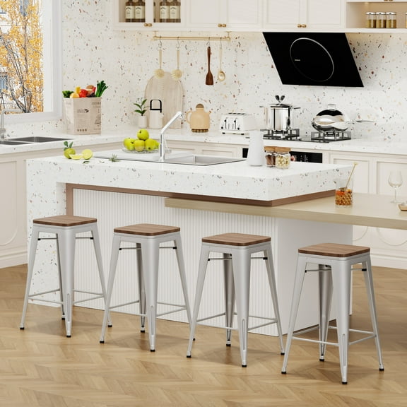Andeworld 26" Metal Counter Height Bar Stools Set of 4 Industrial Backless Kitchen Counter Stool Stackable Barstools Wood Top-Silver