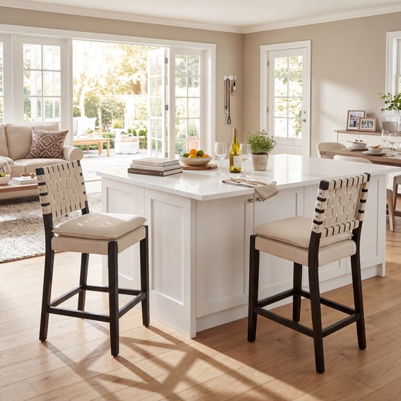 Andeworld 26’’ Modern Linen Barstools,Set of 2,Counter Height stools with High Back,Wooden Bar Stools with Footrest,White.