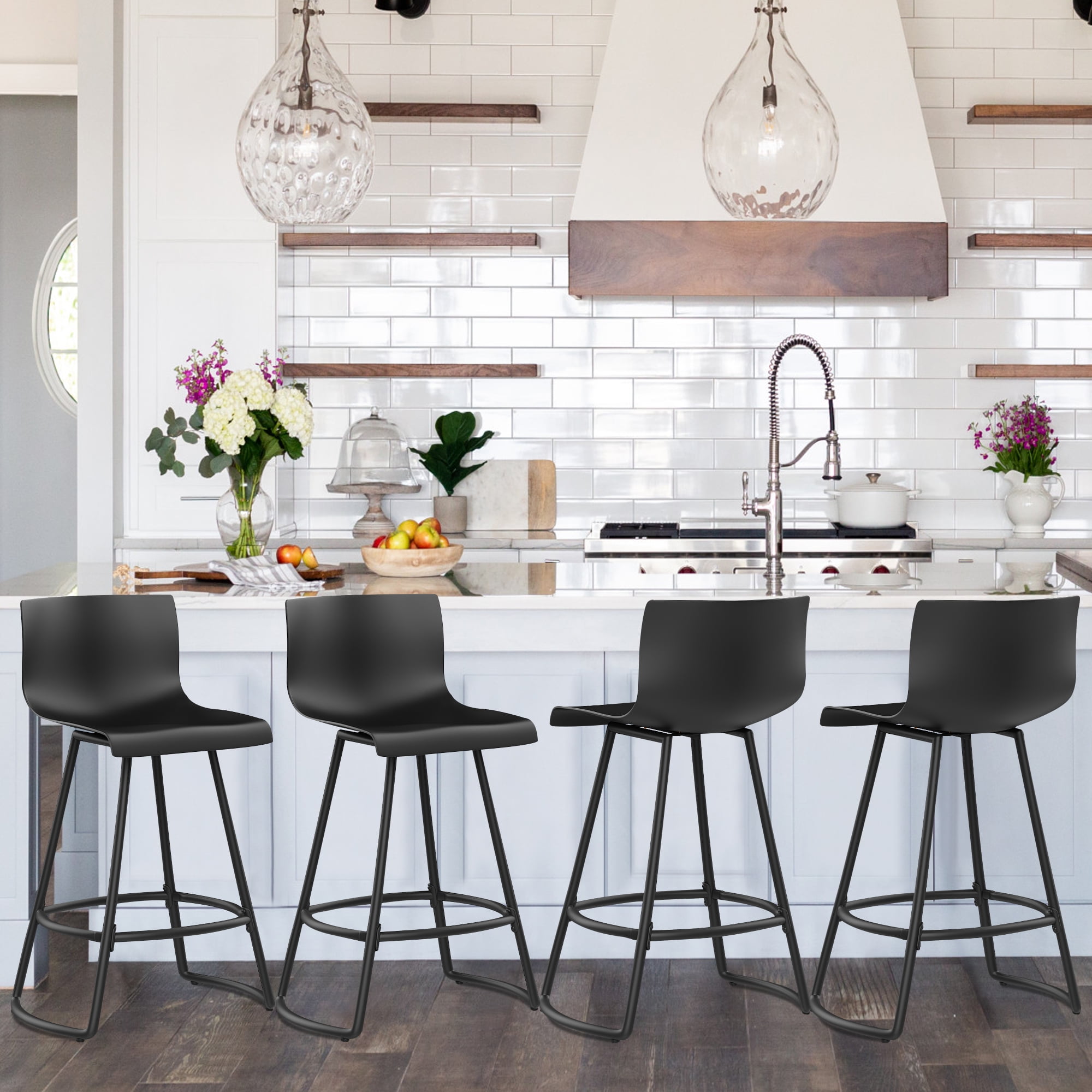 Andeworld 26" Swivel Bar Stools with Backs Plastic Counter Height Stools with Metal Legs (Set of 4, Black）