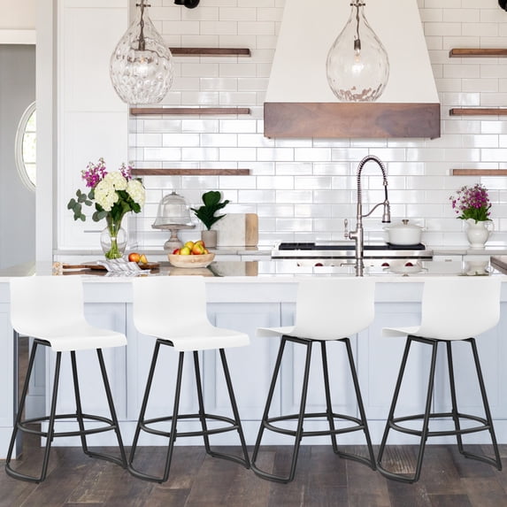 Andeworld 26" Swivel Bar Stools with Backs Plastic Counter Height Stools with Metal Legs (Set of 4, White)