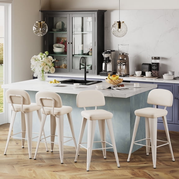Andeworld 30" Bar Stools with Back Set of 4, PU Leather Upholstered Barstools, Counter Height Stools for Kitchen Island, White