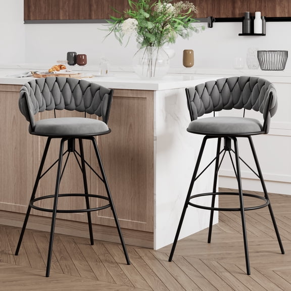 Andeworld 30'' Counter Height Barstools set of 2, Modern Velvet Bar Stools with Woven Back, Metal Frame, Round Footrest, Gray