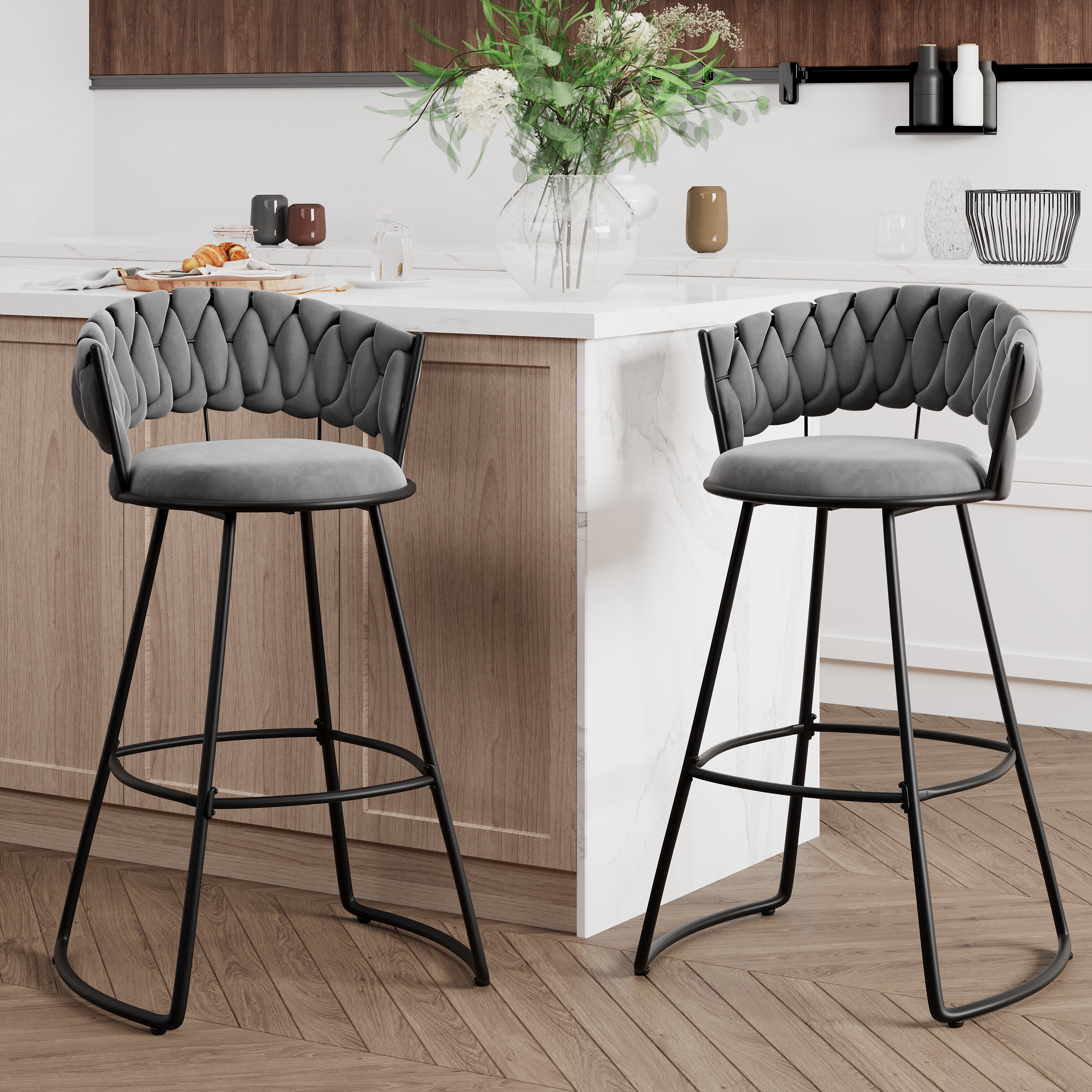 Andeworld 30'' Counter Height Barstools set of 2, Modern Velvet Bar Stools with Woven Back, Metal Frame, U-Footrest, Gray