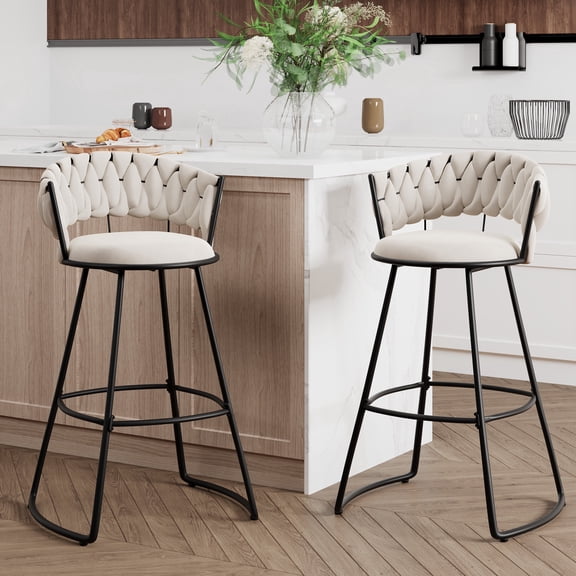 Andeworld 30'' Counter Height Barstools set of 2, Modern Velvet Bar Stools with Woven Back, Metal Frame, U-Footrest, Ivory