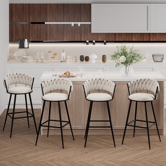 Andeworld 30'' Counter Height Barstools set of 4, Modern Velvet Bar Stools with Woven Back, Metal Frame, Square Footrest, Ivory