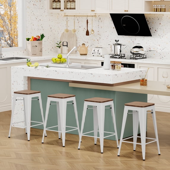 Andeworld 30" Set of 4 Metal Bar Stools Stackable Counter Height Barstools Wood Seat Backless Rustic Kitchen Bar Chairs (White)