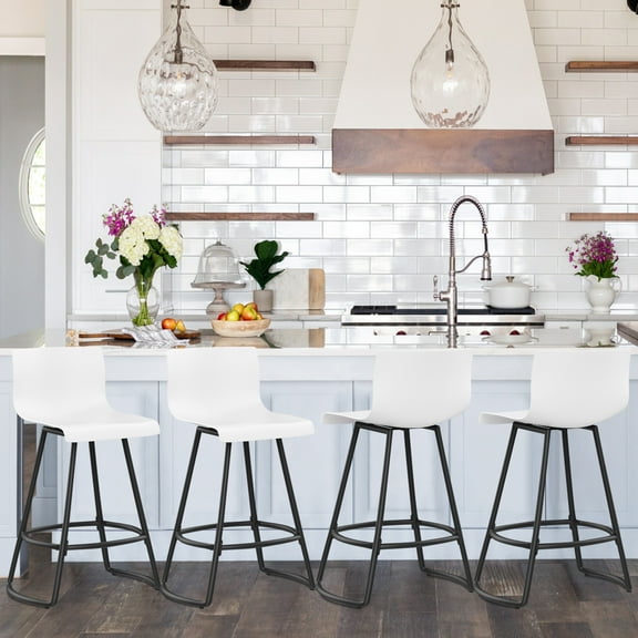 Andeworld 30" Swivel Bar Stools with Backs Plastic Counter Height Stools with Metal Legs (Set of 4, White)