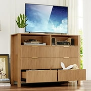 Andeworld 6 Drawer Dresser, Modern Chest of Drawers with Fluted Panel,Wood Storage Organizer Dresser with Gold Handles for Bedroom Living Room TV Stand Hallway Entryway, Natural Oak