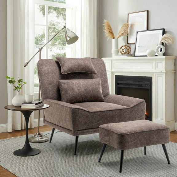 Andeworld Upholstered Accent Chair with Ottoman, Pillow, Grey