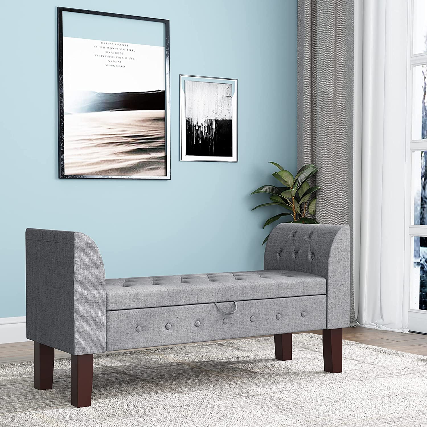 Andeworld Upholstered Storage Bench with Entryway Living Room Bench for Bedroom Ottoman Khaki Arms