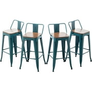 Andeworld Bar Stools Set of 4 Counter Height Stools Industrial Metal Barstools with Wooden Seats( 24 Inch, Backrest, Distressed Teal)