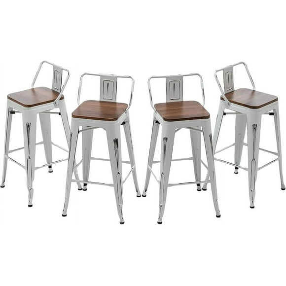 Andeworld Bar Stools Set of 4 Counter Height Stools Industrial Metal Barstools with Wooden Seats( 24 Inch, Distressed White )
