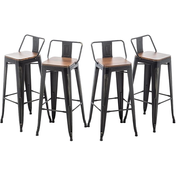 Andeworld Bar Stools Set of 4 Counter Height Stools Industrial Metal Barstools with Wooden Seats( 30 Inch, Distressed Black)