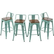 Andeworld Bar Stools Set of 4 Counter Height Stools Industrial Metal Barstools with Wooden Seats( 30 Inch, Distressed Green Blue)