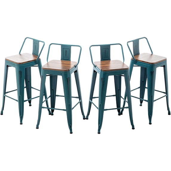 Andeworld Bar Stools Set of 4 Counter Height Stools Industrial Metal Barstools with Wooden Seats( 30 Inch, Distressed Teal)