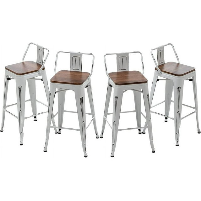 Andeworld Bar Stools Set of 4 Counter Height Stools Industrial Metal Barstools with Wooden Seats( 30 Inch, Distressed White )