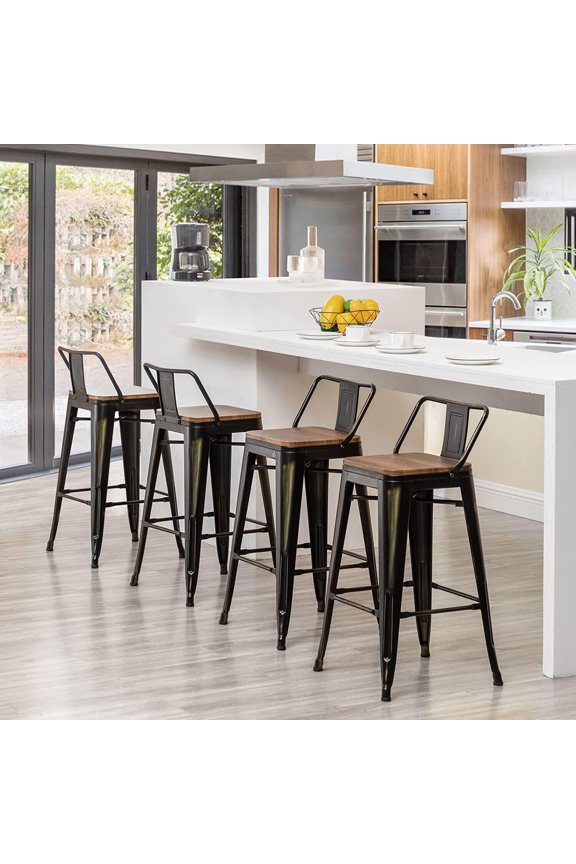 Andeworld Bar Stools Set of 4 Counter Height Stools Metal Barstools with Wooden Seats(24 Inch, Distressed Gold)