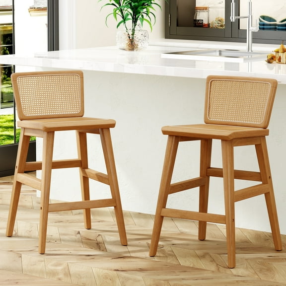 Andeworld Counter Height Bar Stools Set of 2,Mid-Century Counter Stools,26" Farmhouse Barstools with Footrest,Natural Rattan Stools for restaurant