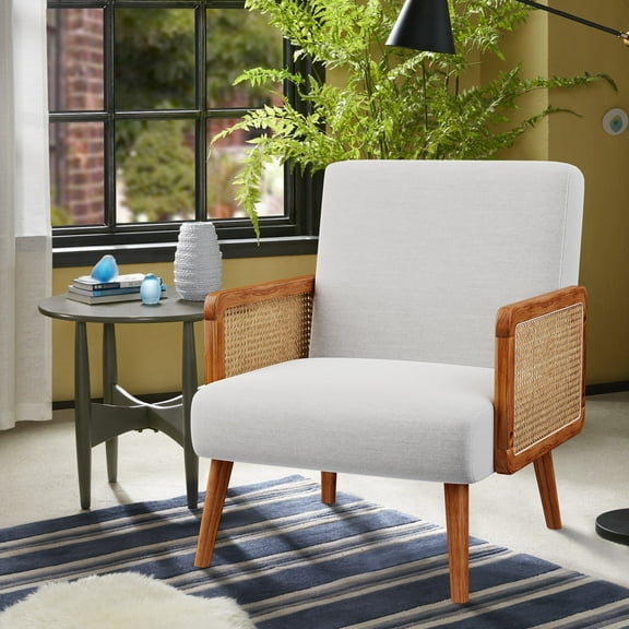 Andeworld Fabric Upholstered Accent Chair,Mid-century Armchairs with Rattan Armrests,Modern Living Room chairs for Bedroom Reading Room,Beige