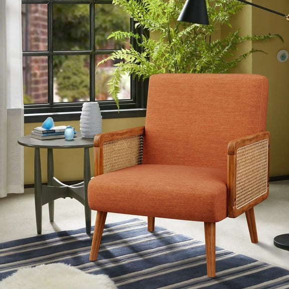 Andeworld Fabric Upholstered Accent Chair,Mid-century Armchairs with Rattan Armrests,Modern Living Room chairs for Bedroom Reading Room,Orange