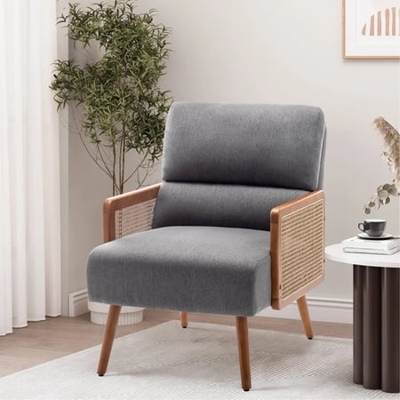Andeworld Fabric Upholstered Living Room chairs,Mid-century Armchairs with Rattan Armrests,Single Modern Accent Chairs for Living Room,bedroom