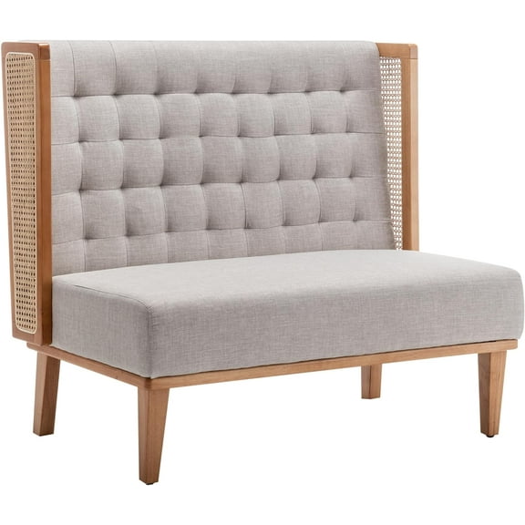 Andeworld Loveseat Settee  with Rattan Arms, Upholstered Modern Mini High-Back Sofa Couch,Banquette Dining  for Living Dining Room Bedroom Office Small Space Entryway，Grey