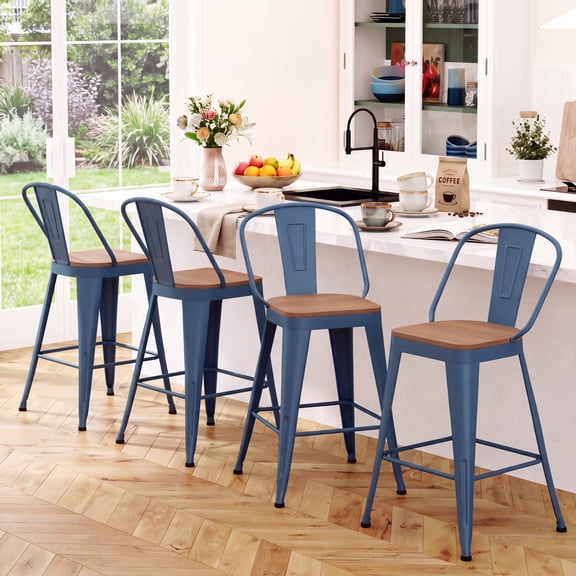 Andeworld Metal Bar Stools Set of 4, 24" Counter Height Barstools with Backs, Modern farmhouse high-back bar chairs, Larger seat for kitchen and dining islands, Navy Blue