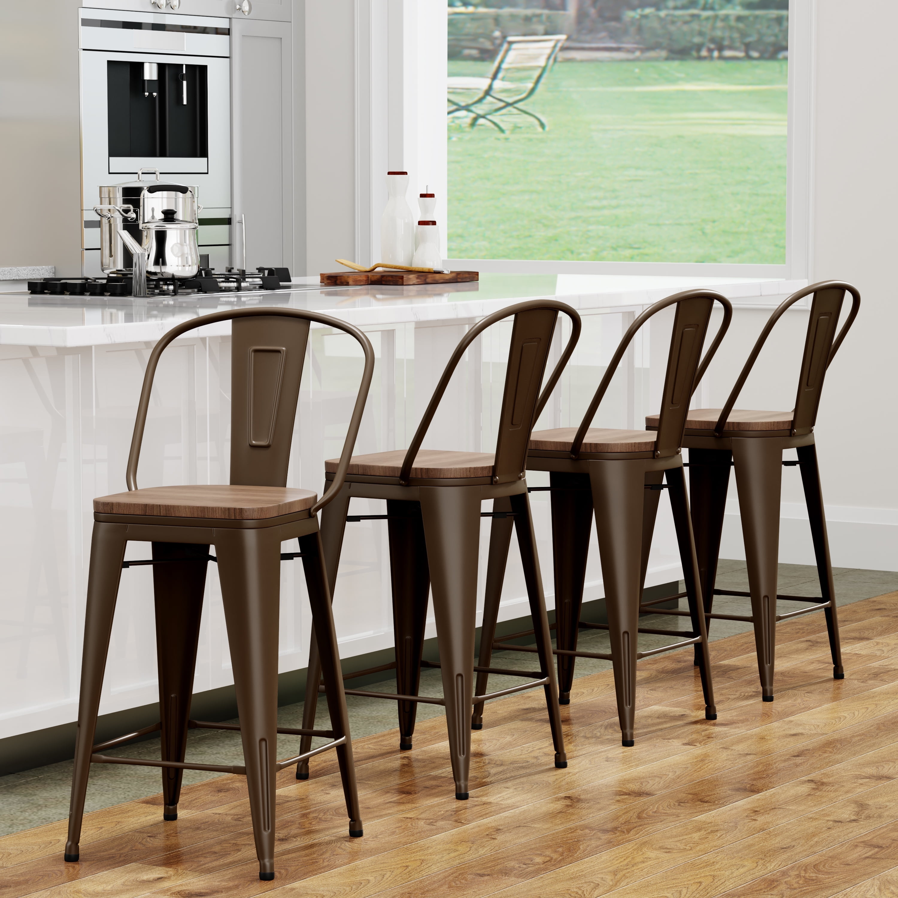 Andeworld Metal Bar Stools Set of 4 Bar Stools with Backs Counter Stools Counter Height Stools High Back Bar Chairs 24 Inch Rusty