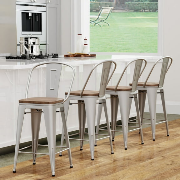 Andeworld Metal Bar Stools Set of 4 Counter Height Stools with Backs Counter Stools High Back Bar Chairs 24 Inch Silver