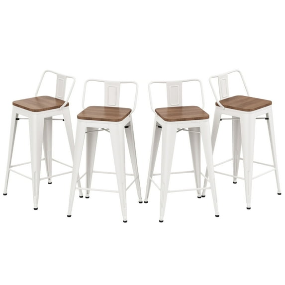 Andeworld Metal Bar Stools Set of 4 Industrial 26" Seat Height Counter Stools with Back Bar Chairs (Wooden Top Low Back, White)