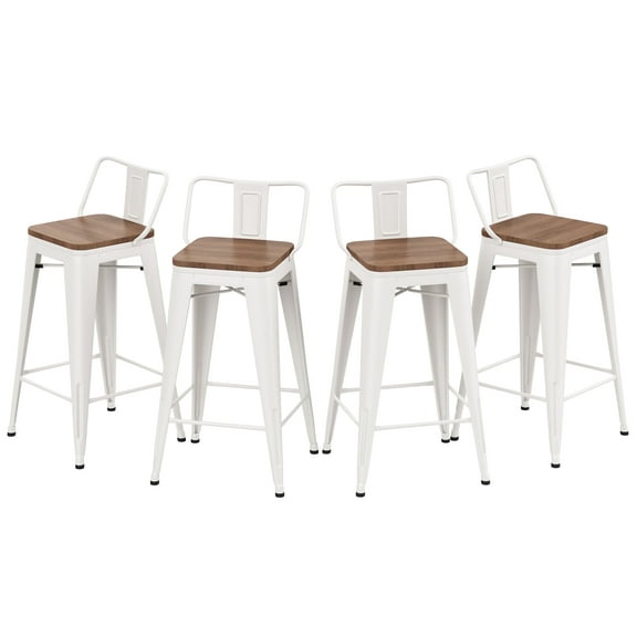 Andeworld Metal Bar Stools Set of 4 Industrial 26" Seat Height Counter Stools with Back Bar Chairs (Wooden Top Low Back, White)
