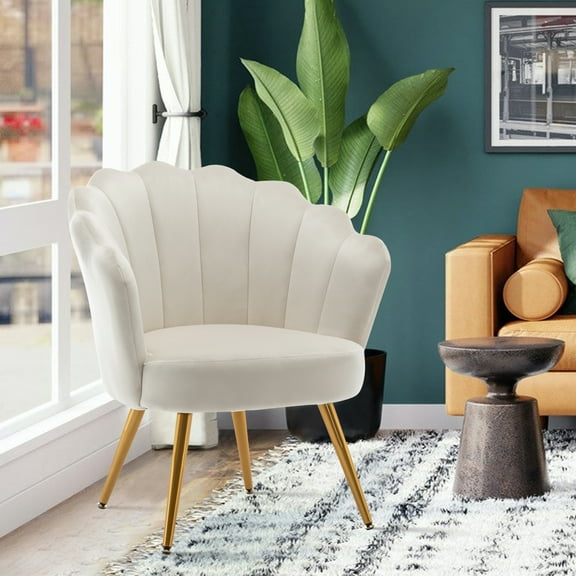 Andeworld Mid Century Accent Chair, Upholstered Living Room Makeup Vanity Chair, Modern Barrel Arm Guest Leisure Chairs for Bedroom,White with Golden Legs