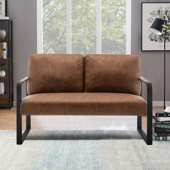 Andeworld Mid-Century Loveseat Sofa,Upholstered Faux Leather Loveseat 2-Seat Small Sofa Couch Metal Accent Chair for Living Room(Light Brown)