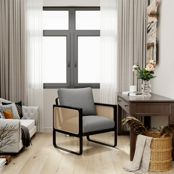 Andeworld Mid-century Living Room chairs, Modern Armchairs with Rattan Armrests,Single Accent Chairs for bedroom(Gray)