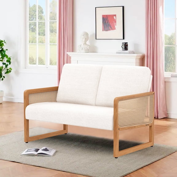 Andeworld Mid-century Living Room chairs with Rattan Armrests for bedroom(Beige)