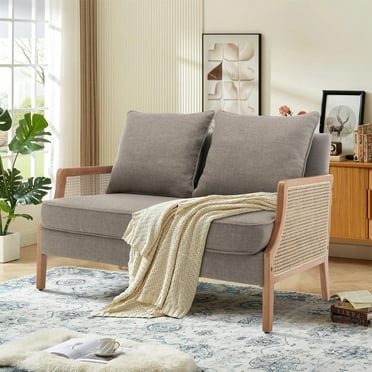 Andeworld Mid-century Sofa chair with Rattan Armrests small lveseat for bedroom，Living Room（Grey）