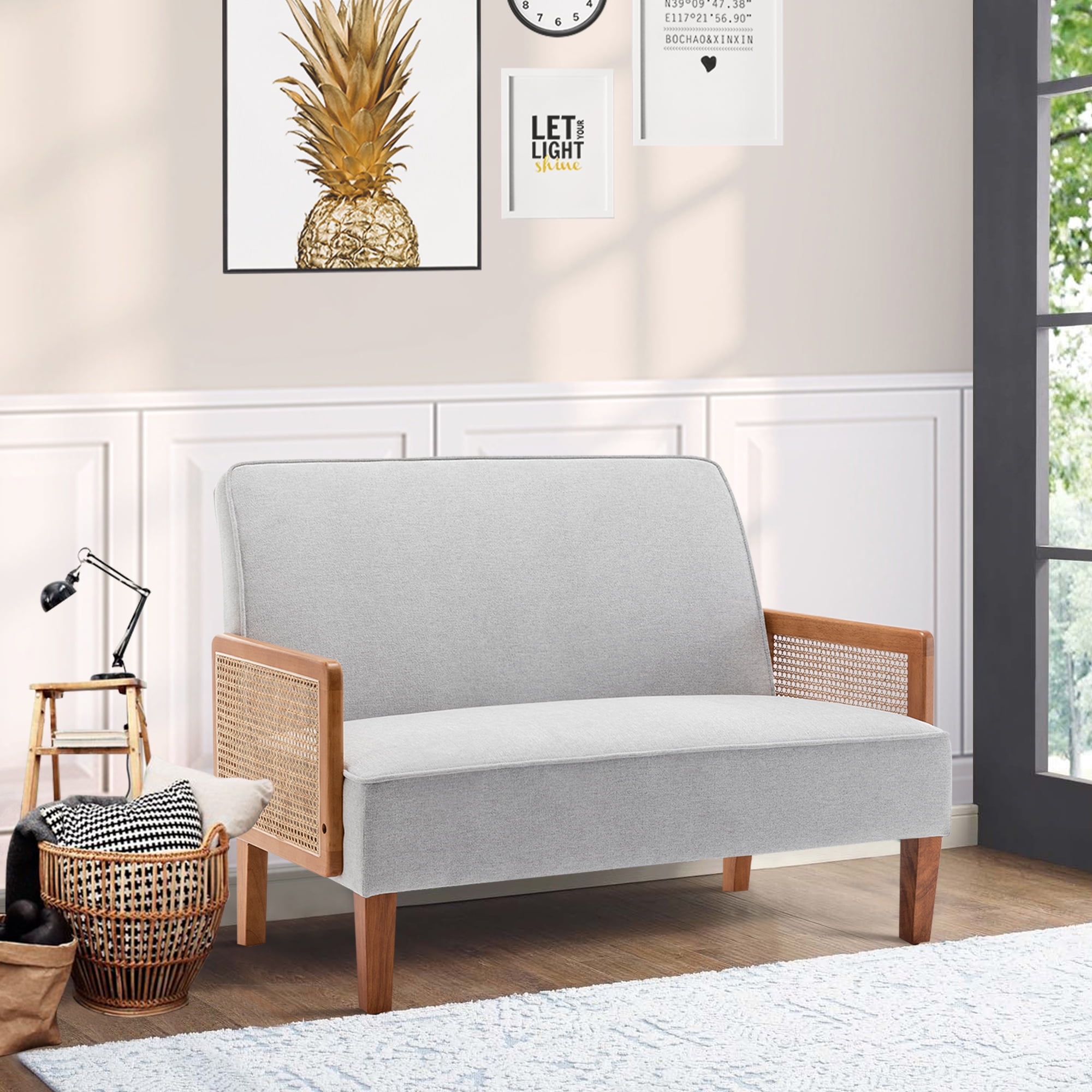 Andeworld Mini Modern Rattan Armrests Loveseat, White
