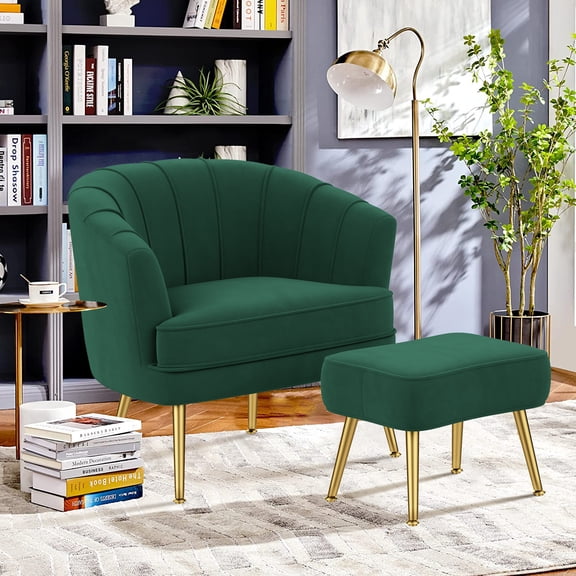 Andeworld Modern Accent Chair with Ottoman, Upholstered armchair for Living Room, Bedroom (Green)