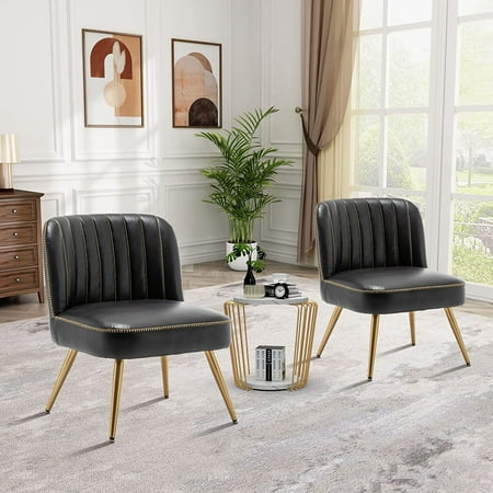 Andeworld Modern Accent Chairs Faux Leather Accent Chairs for Living Room Set of 2 Upholstered Living Room Chairs Large Seat with Metal Legs(Black, Set of 2)