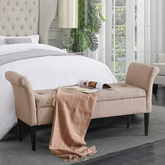 Andeworld Modern Armed Upholstered Storage Ottoman Bench for Bedroom Entryway Hallway Living Room Fabric Tan