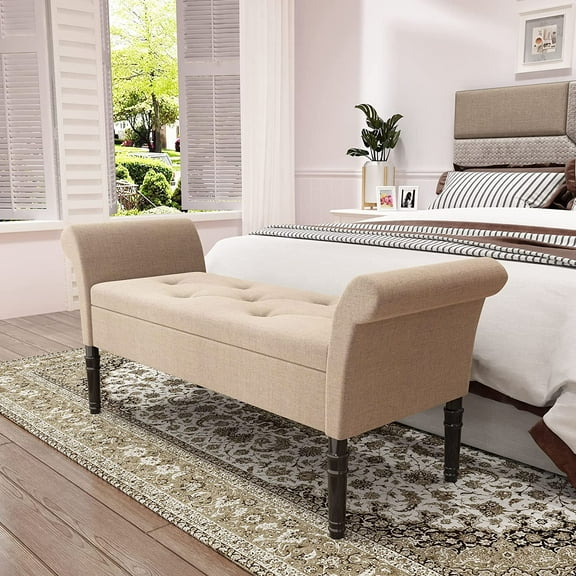 Andeworld Modern Fabric Storage Bench with Arms Button Tufted Footstool Ottoman Bench for Living Room Bedroom (Tan)