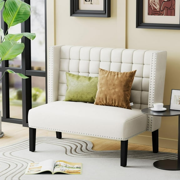 Andeworld Modern Loveseat Settee Bench Sofa Couch, Upholstered Banquette Dining Bench with Back for Dining Living Room Hallway or Entryway Seating,White