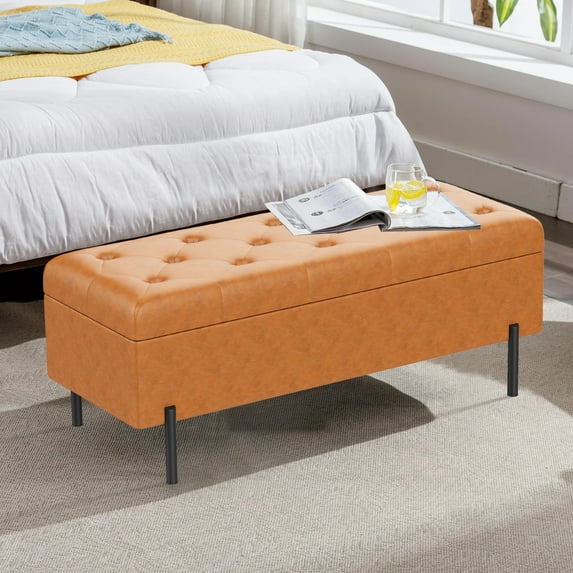 Andeworld Ottoman with Storage Bench, Modern Velvet Upholstered Rectangular Tufted Footstool Bench, Large Storage Bench for Bedroom,Living Room,Entryway (Brown)
