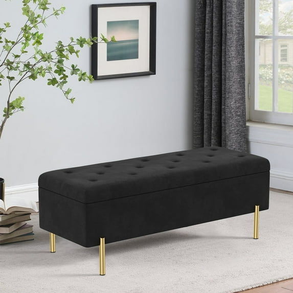 Andeworld Ottoman with Storage Bench, Modern Velvet Upholstered Rectangular Tufted Footstool Bench, Large Storage Bench for Bedroom,Living Room,Entryway (Black)