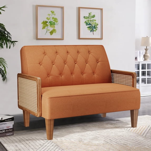 Andeworld Small Loveseat,2-seat Mini Sofa Couch with Rattan Armrests for Living Room,Bedroom(Orange)