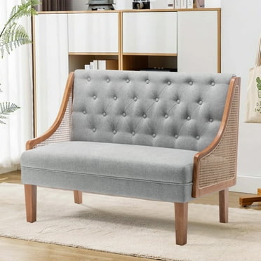 Andeworld Small Loveseat,Single Mini Sofa Couch with Rattan Armrests for Living Room,Bedroom(Gray)